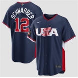 Men's USA Baseball #12 Kyle Schwarber Navy 2026 World Baseball Classic Road Stadium Stitched Jersey
