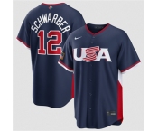 Men's USA Baseball #12 Kyle Schwarber Navy 2026 World Baseball Classic Road Stadium Stitched Jersey Men's USA Baseball #12 Kyle Schwarber Navy 2026 World Baseball Classic Road Stadium Stitched Jersey