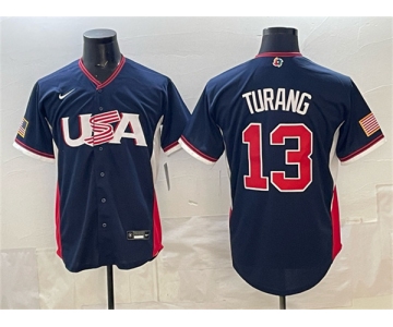 Men's USA Baseball #13 Brice Turang Navy 2026 World Baseball Classic Road Stadium Stitched Jersey