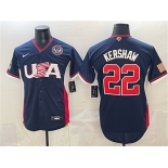 Men's USA Baseball #22 Clayton Kershaw Navy 2026 World Baseball Classic United States 250th Anniversary Patch Road Stadium Stitched Jersey