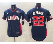 Men's USA Baseball #22 Clayton Kershaw Navy 2026 World Baseball Classic United States 250th Anniversary Patch Road Stadium Stitched Jersey Men's USA Baseball #22 Clayton Kershaw Navy 2026 World Baseball Classic United States 250th Anniversary Patch Road Stadium Stitched Jersey