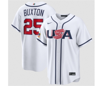 Men's USA Baseball #25 Byron Buxton White 2026 World Baseball Classic Home Stadium Stitched Jersey