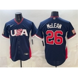 Men's USA Baseball #26 Nolan McLean Navy 2026 World Baseball Classic Road Stadium Stitched Jersey