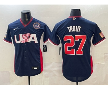 Men's USA Baseball #27 Mike Trout Navy 2026 World Baseball Classic United States 250th Anniversary Patch Road Stadium Stitched Jersey