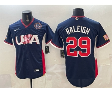 Men's USA Baseball #29 Cal Raleigh Navy 2026 World Baseball Classic United States 250th Anniversary Patch Road Stadium Stitched Jersey