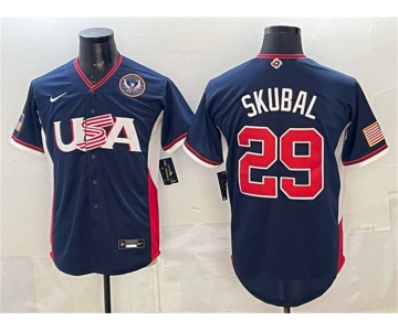 Men's USA Baseball #29 Tarik Skubal Navy 2026 World Baseball Classic United States 250th Anniversary Patch Road Stadium Stitched Jersey