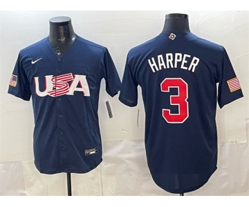 Men's USA Baseball #3 Bryce Harper Navy World Baseball Classic Stitched Jersey