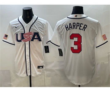 Men's USA Baseball #3 Bryce Harper White 2026 World Baseball Classic Home Stadium Stitched Jersey