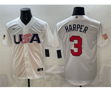 Men's USA Baseball #3 Bryce Harper White World Baseball Classic Stitched Jersey