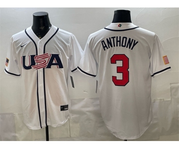 Men's USA Baseball #3 Roman Anthony White 2026 World Baseball Classic Home Stadium Stitched Jersey