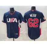 Men's USA Baseball #62 Logan Webb Navy 2026 World Baseball Classic Road Stadium Stitched Jersey