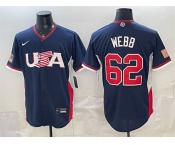 Men's USA Baseball #62 Logan Webb Navy 2026 World Baseball Classic Road Stadium Stitched Jersey