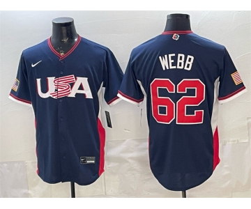 Men's USA Baseball #62 Logan Webb Navy 2026 World Baseball Classic Road Stadium Stitched Jersey