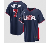 Men's USA Baseball #7 Bobby Witt Jr. Navy 2026 World Baseball Classic Road Stadium Stitched Jersey Men's USA Baseball #7 Bobby Witt Jr. Navy 2026 World Baseball Classic Road Stadium Stitched Jersey