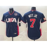 Men's USA Baseball #7 Bobby Witt Jr. Navy 2026 World Baseball Classic United States 250th Anniversary Patch Road Stadium Stitched Jersey