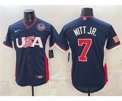 Men's USA Baseball #7 Bobby Witt Jr. Navy 2026 World Baseball Classic United States 250th Anniversary Patch Road Stadium Stitched Jersey Men's USA Baseball #7 Bobby Witt Jr. Navy 2026 World Baseball Classic United States 250th Anniversary Patch Road Stadium Stitched Jersey