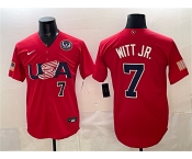 Men's USA Baseball #7 Bobby Witt Jr. Red 2026 World Baseball Classic United States 250th Anniversary Patch Stadium Stitched Jersey Men's USA Baseball #7 Bobby Witt Jr. Red 2026 World Baseball Classic United States 250th Anniversary Patch Stadium Stitched Jersey