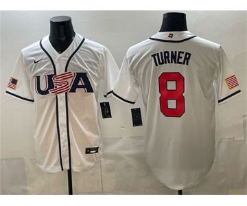 Men's USA Baseball #8 Trea Turner White 2026 World Baseball Classic Home Stadium Stitched Jersey