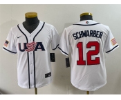 Youth USA Baseball #12 Kyle Schwarber White 2026 World Baseball Classic Home Stadium Stitched Baseball Jersey Youth USA Baseball #12 Kyle Schwarber White 2026 World Baseball Classic Home Stadium Stitched Baseball Jersey