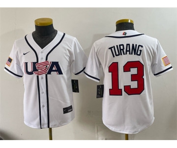Youth USA Baseball #13 Brice Turang White 2026 World Baseball Classic Home Stadium Stitched Baseball Jersey