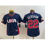 Youth USA Baseball #22 Clayton Kershaw Navy 2026 World Baseball Classic Stadium Stitched Baseball Jersey