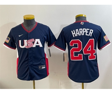 Youth USA Baseball #24 Bryce Harper Navy 2026 World Baseball Classic Stadium Stitched Baseball Jersey
