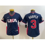 Youth USA Baseball #3 Bryce Harper Navy 2026 World Baseball Classic Stadium Stitched Baseball Jersey Youth USA Baseball #3 Bryce Harper Navy 2026 World Baseball Classic Stadium Stitched Baseball Jersey