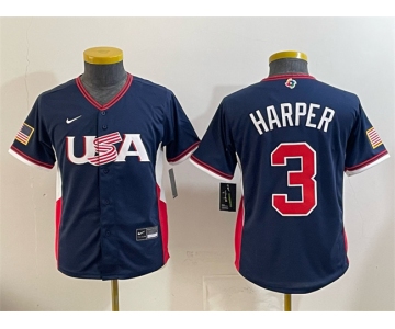 Youth USA Baseball #3 Bryce Harper Navy 2026 World Baseball Classic Stadium Stitched Baseball Jersey