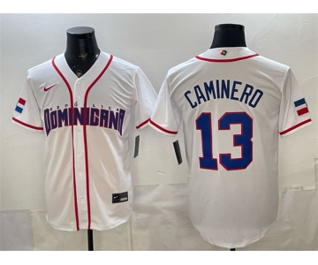 Men's Dominican Republic Baseball #13 Junior Caminero White 2026 World Baseball Classic Home Stadium Stitched Jersey