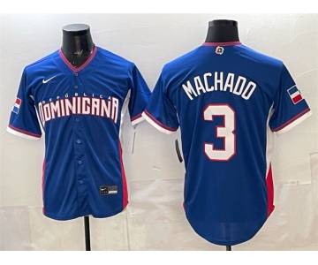 Men's Dominican Republic Baseball #3 Manny Machado Royal 2026 World Baseball Classic Road Stadium Stitched Jersey