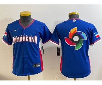 Youth Dominican Republic Baseball Royal 2026 World Baseball Classic Big Logo Road Stadium Stitched Baseball Jersey