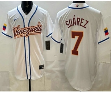 Men's Venezuela #7 Eugenio Suarez White 2026 World Baseball Classic Cool Base Jersey