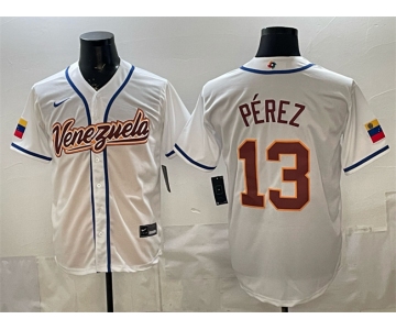 Men's Venezuela Baseball #13 Salvador Pérez White 2026 World Baseball Classic Home Stadium Stitched Jersey