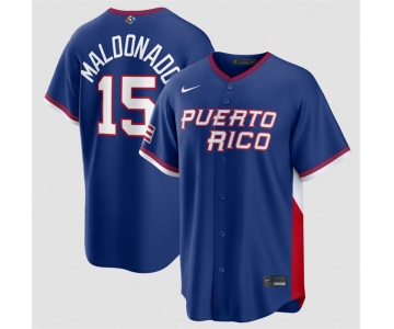 Men's Puerto Rico Baseball #15 Martín Maldonado Blue 2026 World Baseball Classic Road Stadium Stitched Jersey