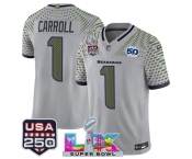 Men's Seattle Seahawks #1 Pete Carroll Gray 2025 F.U.S.E. Super Bowl LX & US 250th anniversary Patch And 50th Season Patch “Rivalries” Vapor Limited Footba