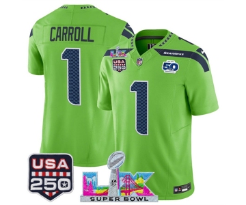 Men's Seattle Seahawks #1 Pete Carroll Green 2025 F.U.S.E. Super Bowl LX Patch And 50th Season & USA 250' Patch Vapor Limited Football Stitched Jersey