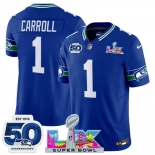 Men's Seattle Seahawks #1 Pete Carroll Royal 2025 F.U.S.E. Super Bowl LX Patch And 50th Season Patch Vapor Throwback Limited Football Stitched Jersey Men's Seattle Seahawks #1 Pete Carroll Royal 2025 F.U.S.E. Super Bowl LX Patch And 50th Season Patch Vapor Throwback Limited Football Stitched Jersey