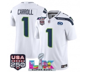Men's Seattle Seahawks #1 Pete Carroll White 2025 F.U.S.E. Super Bowl LX Patch And 50th Season & USA 250' Patch Vapor Limited Football Stitched Jersey