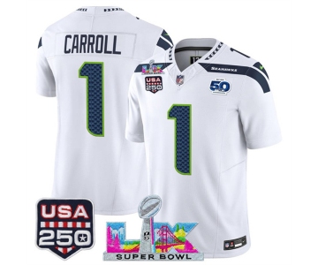 Men's Seattle Seahawks #1 Pete Carroll White 2025 F.U.S.E. Super Bowl LX Patch And 50th Season & USA 250' Patch Vapor Limited Football Stitched Jersey