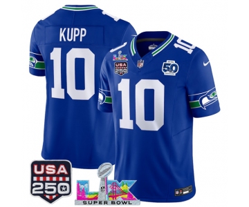 Men's Seattle Seahawks #10 Cooper Kupp Royal 2025 F.U.S.E. Super Bowl LX Patch And 50th Season Patch Vapor Throwback Limited Football Stitched Jersey