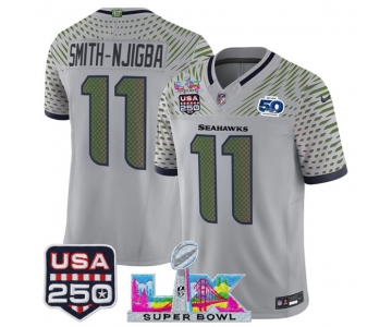Men's Seattle Seahawks #11 Jaxon Smith-Njigba Gray 2025 F.U.S.E. Super Bowl LX & US 250th anniversary Patch And 50th Season Patch “Rivalries” Vapor Limited