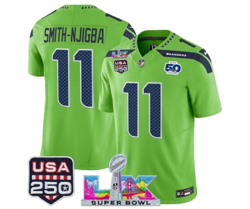 Men's Seattle Seahawks #11 Jaxon Smith-Njigba Green 2025 F.U.S.E. Super Bowl LX Patch And 50th Season & USA 250' Patch Vapor Limited Football Stitched Jers