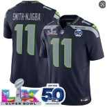Men's Seattle Seahawks #11 Jaxon Smith-Njigba Navy 2025 F.U.S.E. Super Bowl LX Patch And 50th Season Patch Vapor Limited Football Stitched Jersey