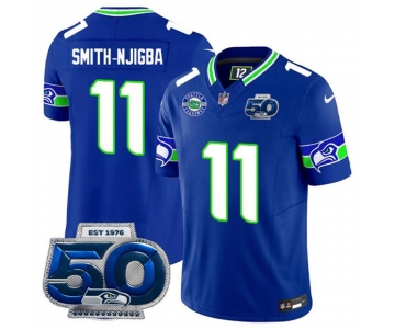 Men's Seattle Seahawks #11 Jaxon Smith-Njigba Royal 2025 F.U.S.E 50th Season Patch Throwback Vapor Limited Football Stitched Jersey