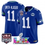 Men's Seattle Seahawks #11 Jaxon Smith-Njigba Royal 2025 F.U.S.E. Super Bowl LX Patch And 50th Season & USA 250' Patch Vapor Throwback Limited Football Sti