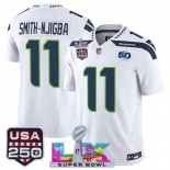 Men's Seattle Seahawks #11 Jaxon Smith-Njigba White 2025 F.U.S.E. Super Bowl LX Patch And 50th Season & USA 250' Patch Vapor Limited Football Stitched Jers