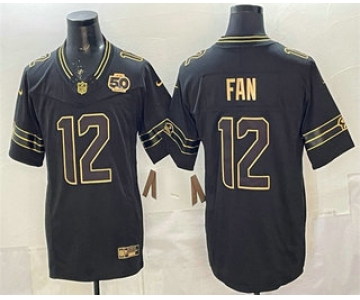 Men's Seattle Seahawks #12 Fan Black Gold 2025 FUSE 50th Season Patch Limited Stitched Jersey