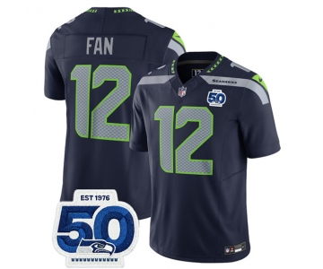 Men's Seattle Seahawks #12 Fan Navy 2025 F.U.S.E. 50th Anniversary Patch Vapor Limited Football Stitched Jersey