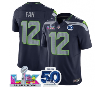 Men's Seattle Seahawks #12 Fan Navy 2025 F.U.S.E. Super Bowl LX Patch And 50th Season Patch Vapor Limited Football Stitched Jersey