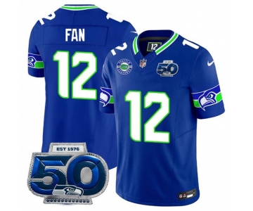 Men's Seattle Seahawks #12 Fan Royal 2025 F.U.S.E 50th Season Patch Throwback Vapor Limited Football Stitched Jersey